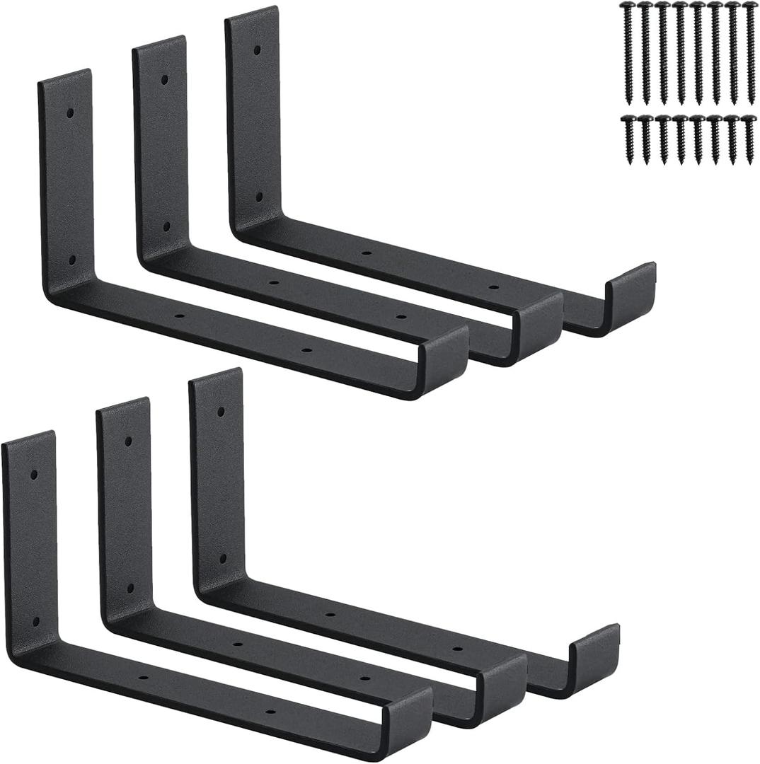 6-Pack Heavy Duty J-Shaped Shelf Brackets with Lip, 9 Inch Industrial Wall-Mounted Floating Support, Matte Black Finish, HOME MASTER HARDWARE