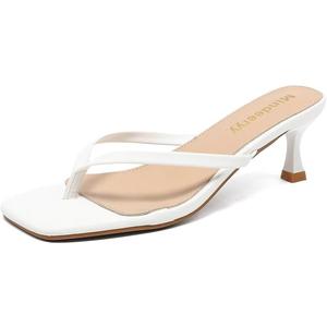 Thong Sandals Kitten Heels Square Toe Flip Flops Slip On Heels for Women Kitten Heel Sandals Low Heel 2.4 Inch for Casual (Size 8, White)