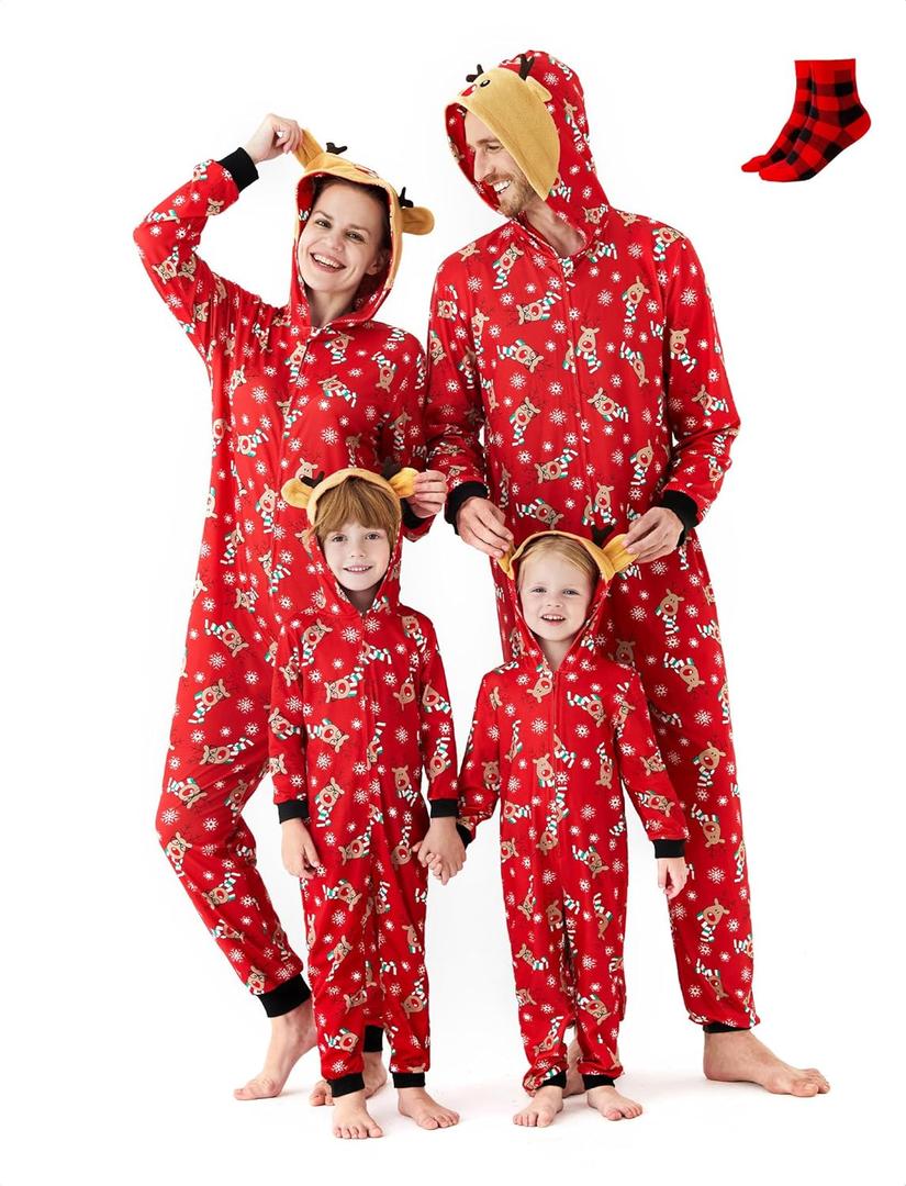 PATPAT Matching Family Christmas Onesie Pajamas  Holiday Hooded Jumpsuit Sleepwear PJs Couples Xmas Loungewear with Socks (Red, XL)