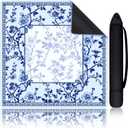 Chinoiserie Mahjong Mat with 1 Carrying Bag 31.5" x 31.5" Blue and White Rubber Anti Slip and Noise Reduction Multi Purpose Game Table Cover for Card, Board Tile Games