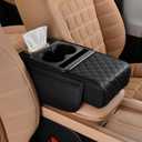 FREESOO Car Center Console Cover, Leather Armrest Cover for Car, Universal Middle Console Cushion with Storage Box, Cup Holder, Tissue Box & Phone Slot, Luxury Waterproof Interior Accessories, Black