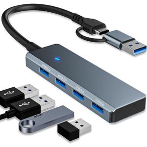 USB 3.0 Hub 4 Ports 5Gbps, Dual USB-A/C Aluminum Splitter, Ultra-Slim Multiport Expander Adapter for iPhone 17/16/15,MacBook,iPad,Laptop,PC,Desktop,HDD, Keyboard, Mouse, Xbox, PS5,Android