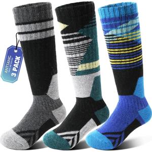 ANTSANG Kids Merino Wool Ski Socks 3 Pairs Boys Girls Thermal Warm Thick Winter Cushioning Socks for Snowboarding Skiing (8-12 Years, Blue/Green/Black)