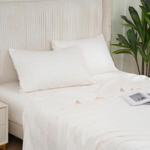 DOWNCOOL King Size Sheets Set - 100% Cotton Sheets, King Sheets Deep Pocket Up to 16", 400 Thread Count Sateen Bed Sheets, Silky Soft & Breathable, 4-Piece Hotel Luxury King Sheet Set, Cream White