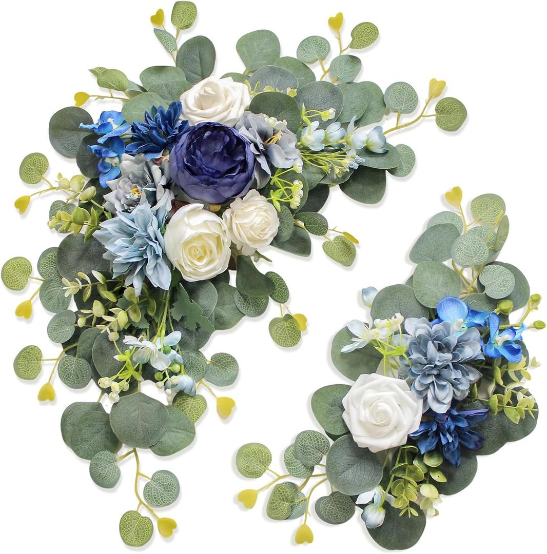 Artificial Wedding Arch Flowers for Wedding Sign,Set of 2 for Wedding Welcome Ceremony Sign,Faux Floral Swags,Wedding, Banquet and Reception Backdrop Floral Decoration (Blue)