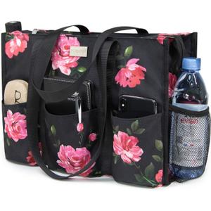 TOPDesign Utility Water Resistant Tote Bag with 13 Pockets, Top Zipper Closure & Thick Bottom Support, for Working Women (Medium, Peony)