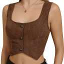MakeMeChic Women's Corset Suit Vest Corduroy Sleeveless Scoop Neck Crop Vest Blazer Jacket (Large, Coffee Brown)