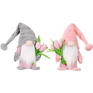 2 Pack 14.5 Inch Spring Tulip Gnomes Plush Decor, Cute Faceless Gnomes with Flower Bouquet, for Mom, for Women, Spring Home Tabletop Shelf Decoration (Pink)