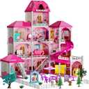 TEMI Villa Toys for 3 4 5 6 7 8 Years Old Girls - 4 Storeys 12 Rooms, Indoor Playset with 2 Dolls Toy Figures, Toys Furniture and Accessories, Pretend Girls Plays, Building (12 Rooms+Yard+Stairs+Slide)