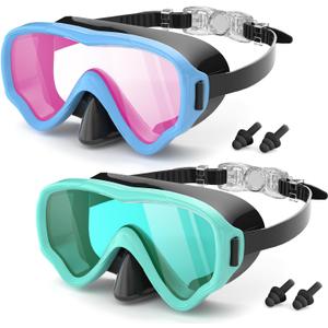 COOLOO 2 Packs Kids Goggles with Nose Cover, 180 Wide View Swimming Goggles for Kids 4-16, No More Hair Snags Anti-Fog No-Leak Snorkel Mask for Boys Girls Youth, B/Blue&Black+Green&Black/Mirrored lens