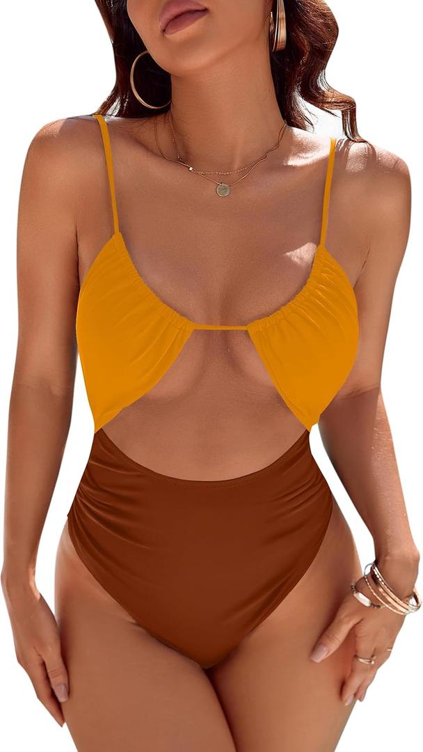 Blooming Jelly Womens One Piece Swimsuit Tummy Control Bathing Suit Sexy Flattering Cheeky High Cut Out Cute Ladies Swimwear (XX-Large, Brown Amber)