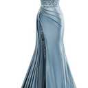 V Neck Satin Prom Dresses Long Mermaid Lace Evening Gown with Slit Pleated Bodycon Formal Dress with Tail Size 2