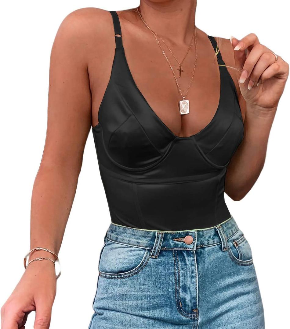 Velius Women's Sexy Metallic Shiny Bodysuit Tank Tops for Night Club Going Out (Black)