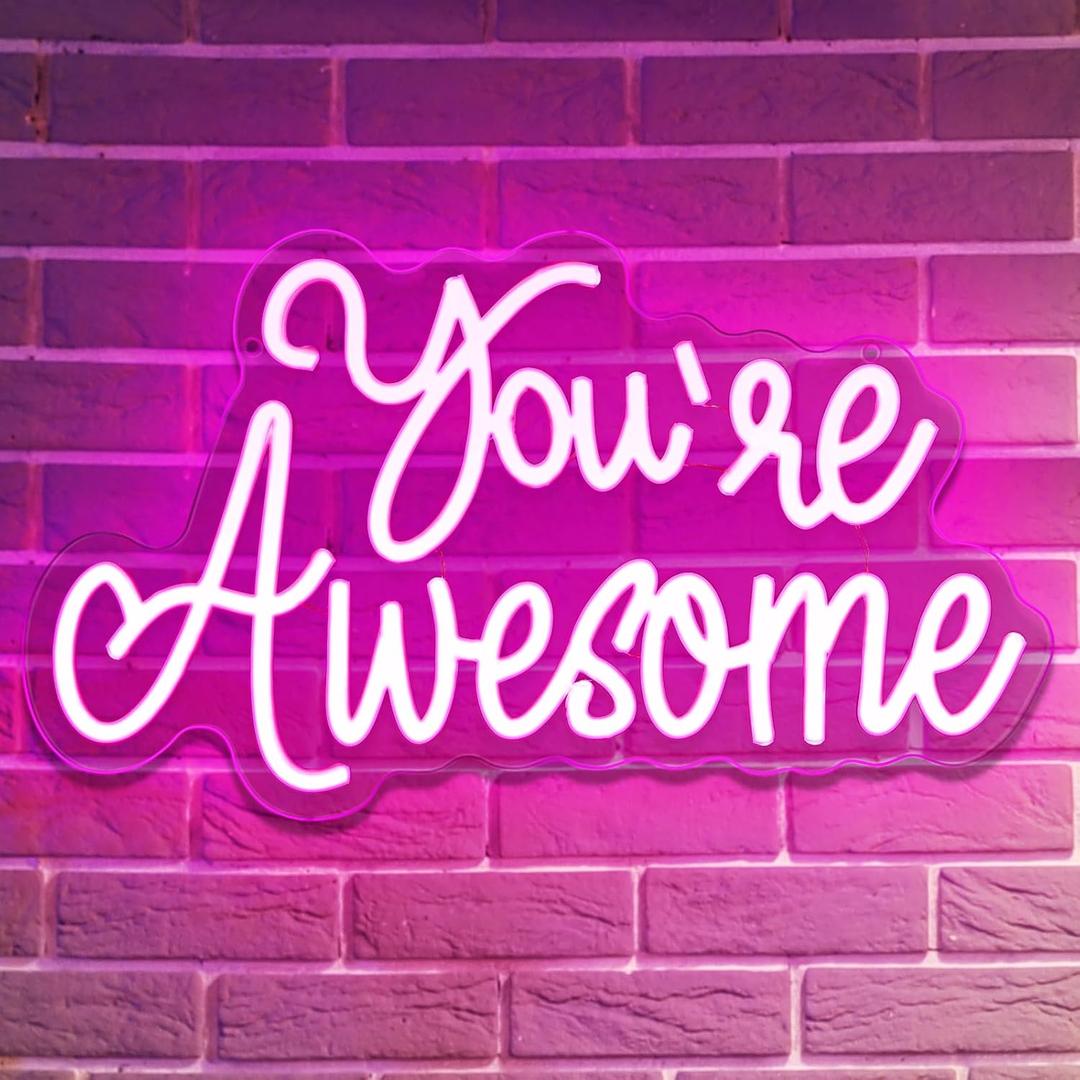 You Are Awesome Neon Signs Dimmable Inspirational LED Neon Lights for Wall Decor Pink USB Positive Quotes Light up Sign for Bedroom Wedding Birthday Classroom Home Office Bar Hanging Decor