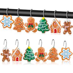 Threehoney 12 Pcs Winter Shower Curtain Hooks 6 Styles Snowflake Gingerbread Man House Rustproof Hangers Hooks Xmas Tree Decorative Curtain Rings for Bathroom Winter Holiday Decor