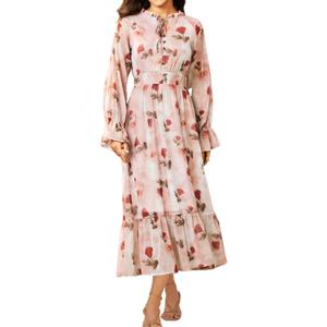 Sunny Spirit Women's Floral Boho Midi Dress 2025 Spring Fall Long Sleeve V Neck Chiffon A-Line Flowy Party Dresses (L)