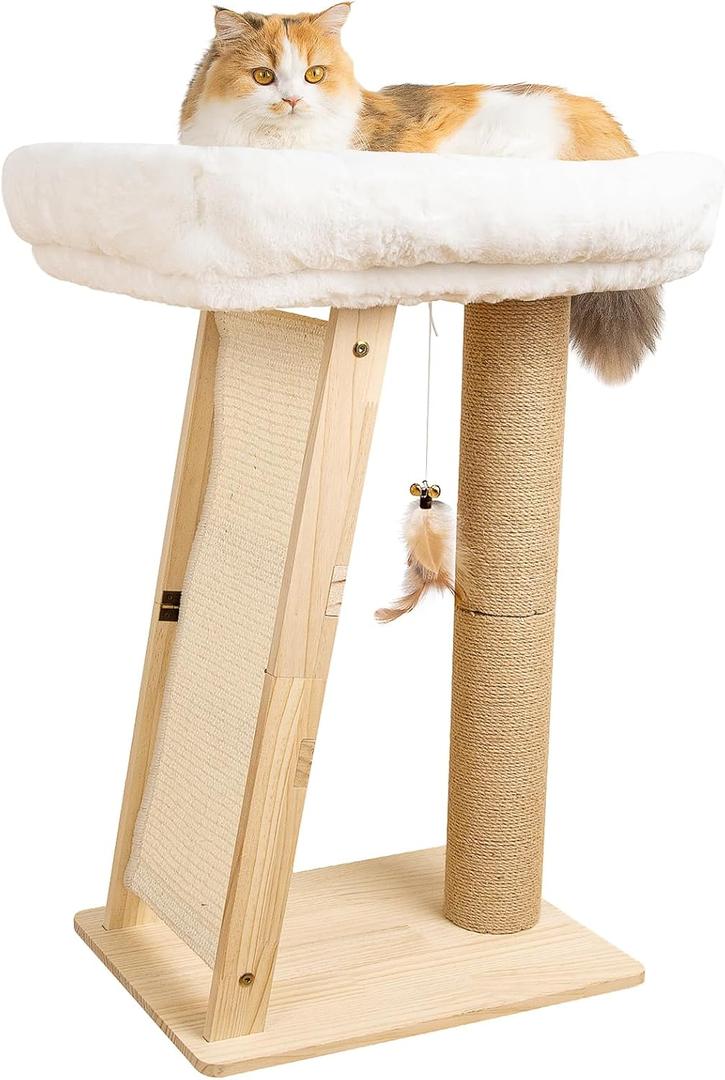 27.5" Cat Scratching Post, 3-in-1 Multifunctional Natural Pine Wood Cat Furniture, Tall Scratch Posts with Perch&Scratcher, Boxed with Hanging Bell Toy, Medium