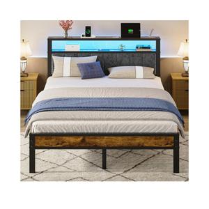 Queen Size Bed Frame with 2-Tier Storage Shelves Headboard, Platform Bed with Charging Station, LED Lights No Box Spring Needed Noise Free