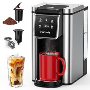Horavie Single Serve Coffee Maker for K-Cup Pod and Grounds, Hot and Iced Coffee Maker, 6 to 14oz Brew Sizes, 50oz Removable Reservoir, Strong Button Feature, Fit 6.5" Mugs, Stainless Steel, Black