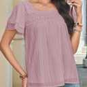 Falechay Summer Tops Short Sleeve Pink Tunic Tops for Women Lace Boho Womens Shirts Square Neck Womens Blouses Loose Peasant Clothing XL