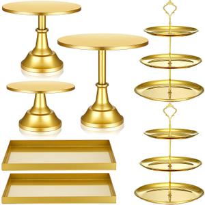 Tioncy 7 Pcs Cake Stand Set Metal Cupcake Holder Dessert Table Display Cupcake Display Plate Serving Platter Dessert Table Stands and Trays Set for Baby Shower Wedding Birthday Xmas Party (Gold)