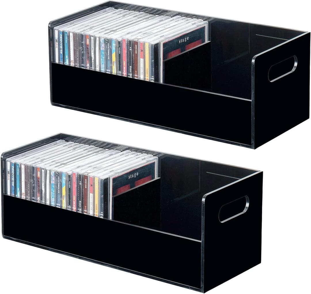 MyGift Modern Premium Black Acrylic Stackable CD Holder Racks with Cutout Carrying Handles, Compact Disc Jewel Case Display Crates, Media Storage Organizers, Set of 2