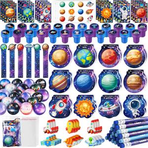 BenLouis 108Pcs Outer Space Themed Party Favors Space Alien Sticker Stampers School Stationery Set Bulk Classroom Prizes for Astronaut Planet Birthday Party Goodie Bags Fillers