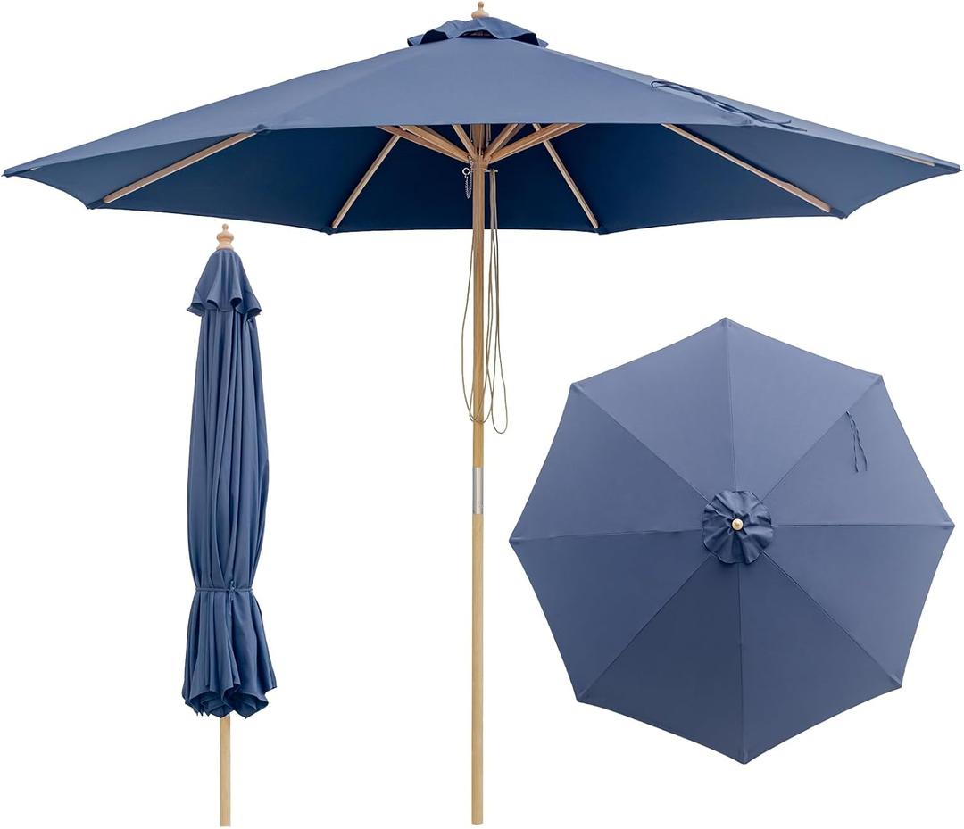 9FT/10FT Wood Patio Umbrella, Large Outdoor Table Pool Umbrella