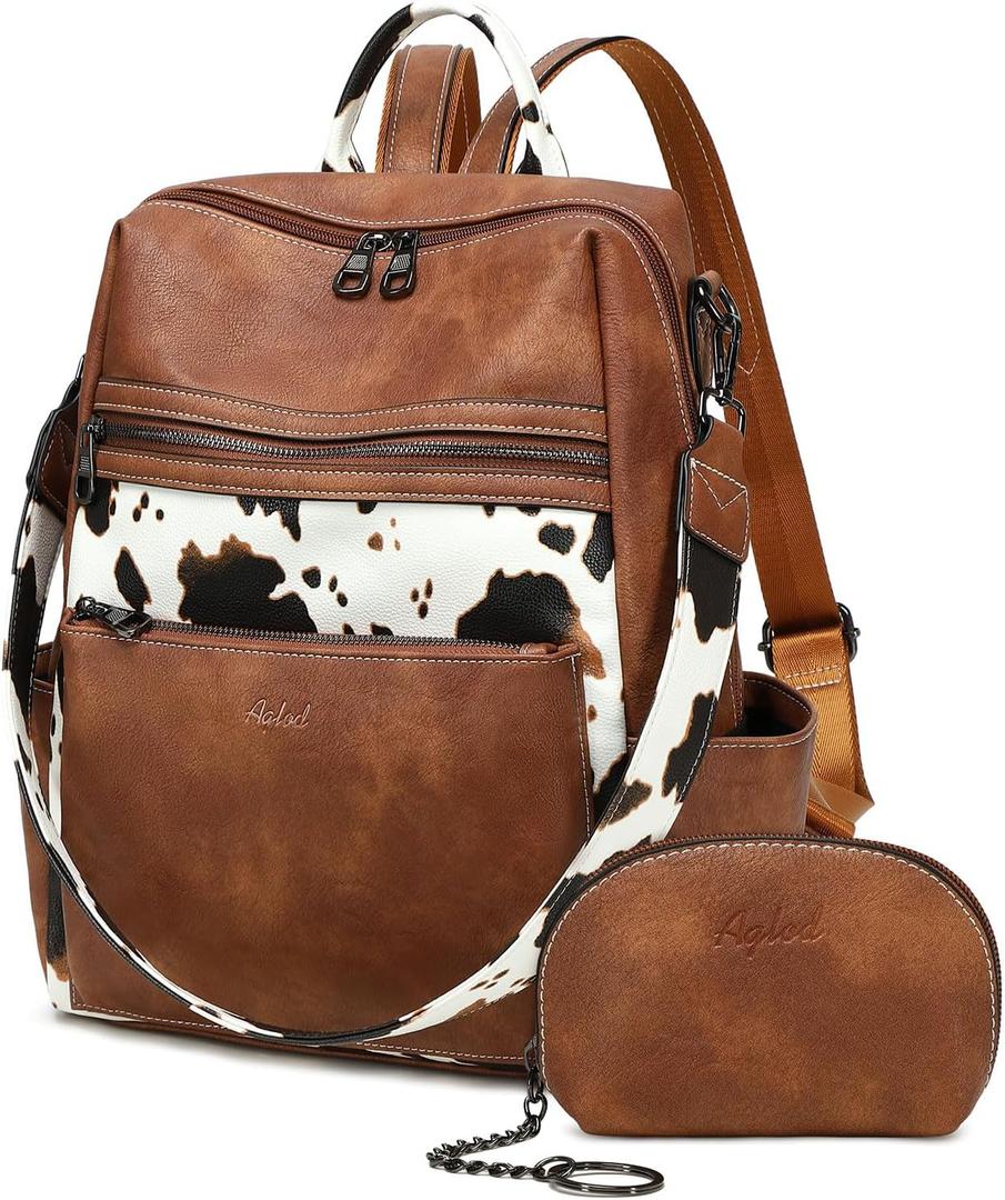 AGLOD Leather Backpack Purse for Women Designer Ladies Shoulder Bag Fashion Faux Work Travel Daypack (Cow Brown)