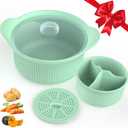42oz Microwave Silicone Steamer 3 Compartmented, 4 in 1 Large Microwave Pot with Handle & Lid for Vegetables/Baby Food, Oven & Dishwasher Safe, Easy Clean,100% Food Grade Steamer Bowl (Green)