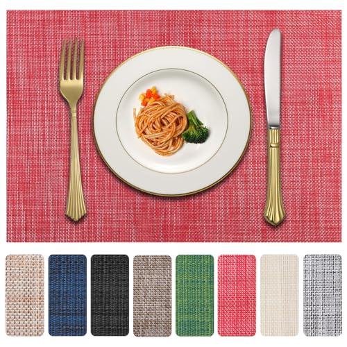 LANDVIEW Vinyl Placemats Set of 4, PVC Woven Washable Non-Slip Table Mats, Heat Resistant Wrinkle Free Place Mats for Dining Table, Easy to Clean (4, Red)