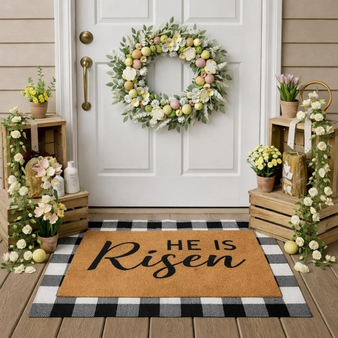 Drydiet 2 Pcs Easter Layered Coir Doormat Set He is Risen Welcome Front Door Mat with Black and White Buffalo Plaid Outdoor Rug Non Slip Porch Entryway Rug for Indoor Outdoor Farmhouse Decor