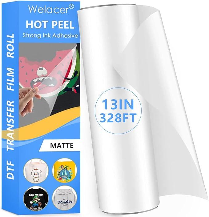 Welacer DTF Transfer Film Roll 13 Inch x 328 FT for Sublimation Double-Side Matte Clear Pretreat Sheets, PET Heat Transfer Paper for Inkjet Printer Direct Print on T Shirts Textile