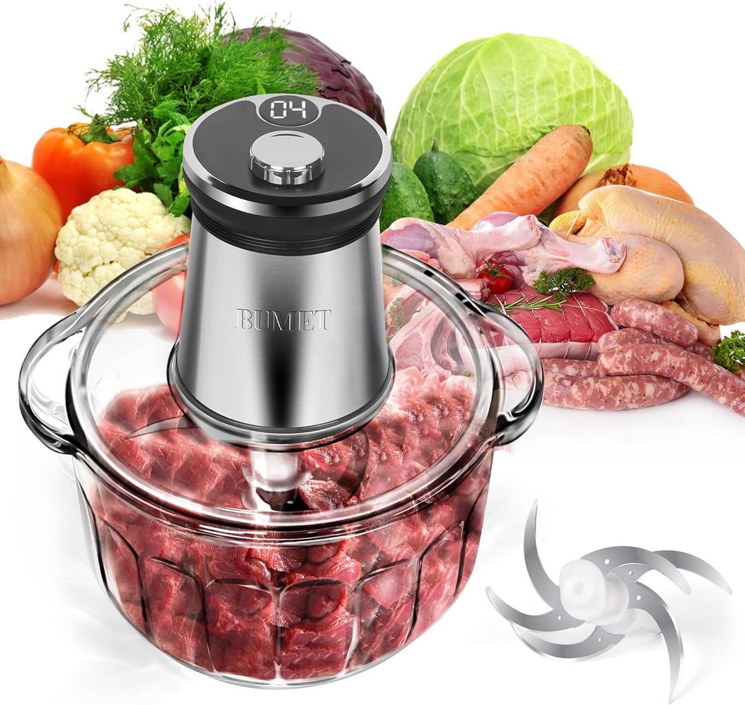 BUMET 16 cup glass bowl 850W Electric Food Processor, LED timer. 3-Tiered 6 Cutting Edges blade for mincing, chopping, Ideal as meat grinder, fresh vegetables chopper, pet food process in kitchen.