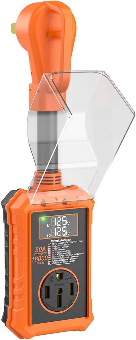 RV Surge Protector 50 Amp with Smart LED Display, 18000J Circuit Analyzer Waterproof with Auto Shutoff & Reset for High/Low Voltage, 50 Amp Rv Surge Protector for Camper, Travel Trailer