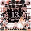 13th Birthday Decorations for Girls, Black Rose Gold It's My 13th Birthday Banner, Balloons,Hanging Swirls,Cake Topper,Backdrop,Crown,Sash,Paper Fans,for Happy 13 Years Old Party Decor Supplies