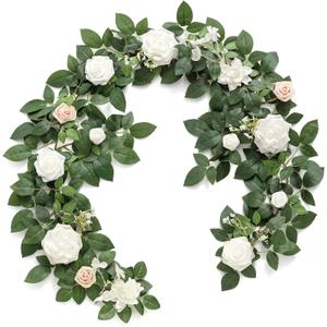 Ling's moment 5FT White Artificial Flower Garland Fake Rose Green Leaves Floral Garland Arch Flowers Vine for Wedding Party Backdrop Decor Mantel Home Table Centerpieces Window Decorations