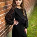 Girls Dress Kids Mesh Long Sleeve Dresses Self Belted Elegant Bodyco, 9-10 Years, Black