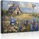 Barn Windmill Canvas Wall Art Blue Country Wildflowers Meadow Wall Decor Country Farmhouse Landscape Picture Poster Print for Kitchen Living Room Bedroom Ready to Hang (12x16in Canvas)