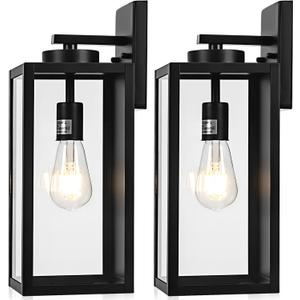 16-inch Large Outdoor Wall Light Fixture, Black Exterior Wall Lantern Waterproof, Farmhouse Porch Sconce Lighting With Glass, Modern Wall-Mounted Outside Lights for House, Garage, Patio Lamp, 2 Packs