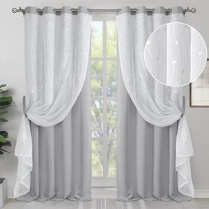 BGment Room Darkening Curtains with Sheer Overlay, Thermal Insulated Double Layer Curtains for Living Room, Grommet Silver Printed Window Curtain for Bedroom, 2 Panels Each 52 x 84 Inch, Light Grey