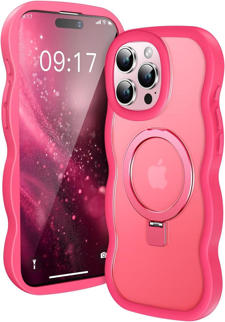 [Cute Wave Frame+Mag Stand] Designed for iPhone 15 Pro Max Case, [Fit for MagSafe] Translucent Silicone Protective Magnetic Ring Phone Case Cover for iPhone 15 Promax 6.7 inch Men Women, Hot Pink