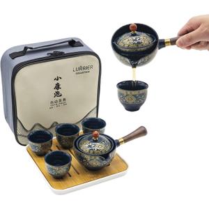 LURRIER Porcelain Chinese Gongfu Tea Set,Portable Teapot Set with 360 Rotation Tea maker and Infuser,Portable All in One Gift Bag for Travel,Home,Gifting,Outdoor and Office (Floral Blue)