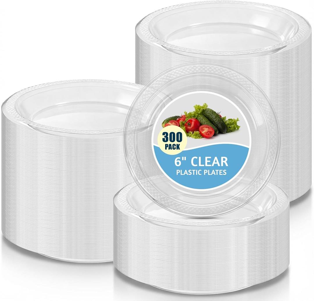 300 Pcs Clear Plastic Plates 6 Inch Plastic Round Dessert Plates Disposable Cake Plates Bulk for Home Wedding Christmas Picnic Restaurant Catering Events Party Supplies