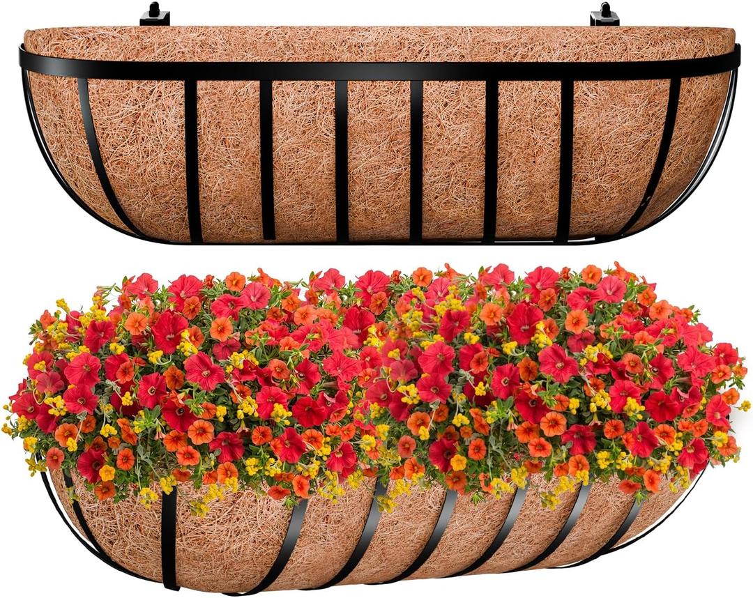 ZeeDix 24 Inch Railing Planter Box, 2 Pack Metal Window Boxes with Coco Liners for Railing, Hanging Flower Boxes for Deck Porch Balcony & Fence Outdoor Indoor Lawn