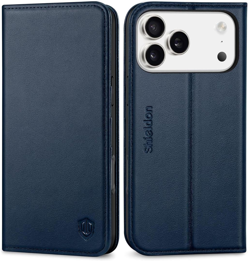 SHIELDON Genuine Leather Case Wallet for iPhone 17 Pro Max 6.9-inch 2025 | Foldable Kickstand, RFID Blocking 3 Credit Card Holder, Magnetic, Shock-Absorbent Phone Cover - Navy Blue