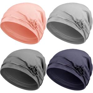 Geyoga 4 Pcs Women Slouchy Beanie Flower Chemo Hats Turban Headwear for Cancer Caps Soft Headcovers Head wrap (Navy, Dark Gray, Light Gray, Pink)