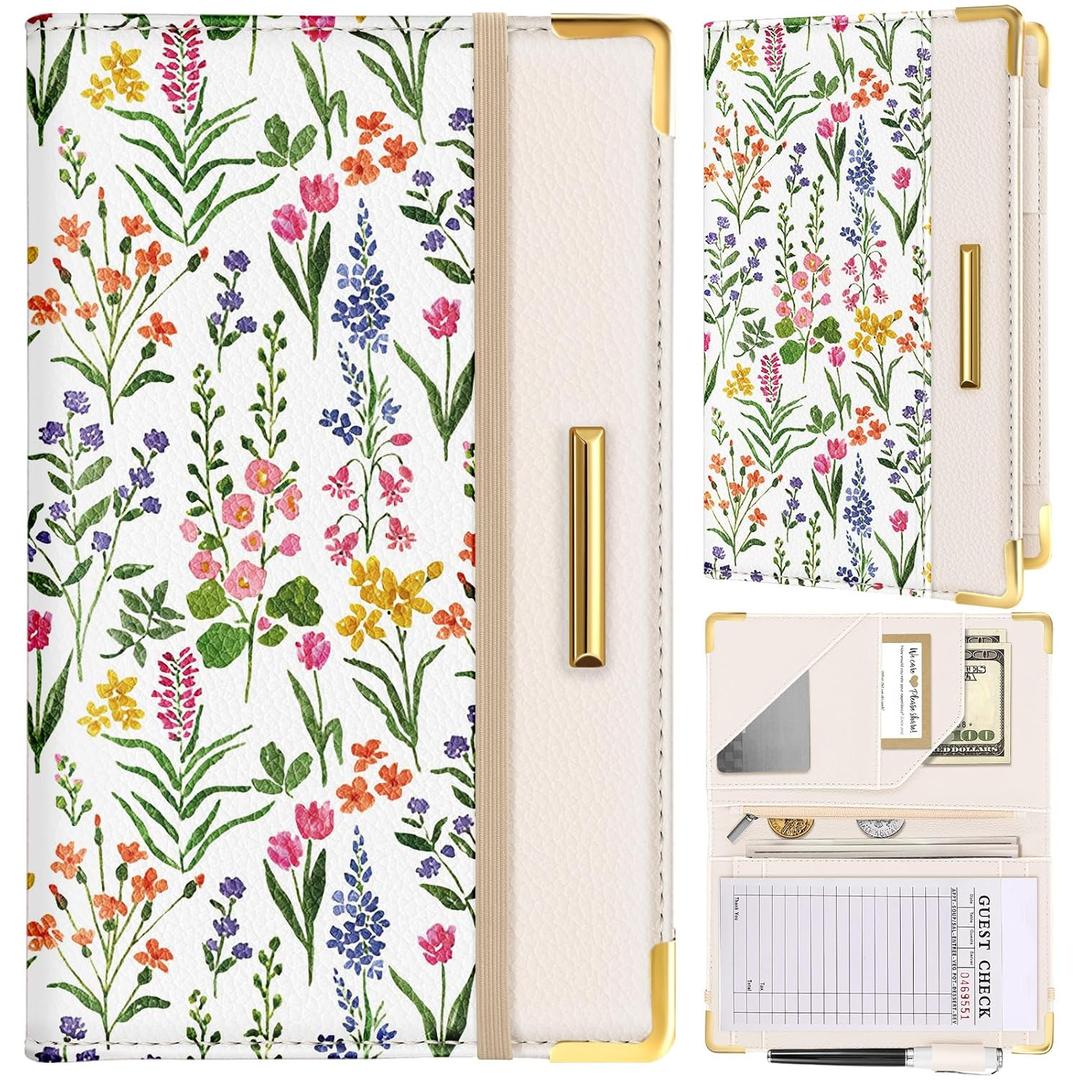 Slohif Server Book for Waitress Cute Serving Books with Zipper Pocket Accessories Leather Server Check Book Restaurant Waiter Server Booklet Organizer Ticket Book Holder Floral Simple
