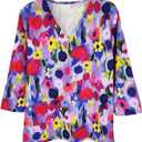 SOLY HUX Women's Floral Print Blouses V Neck 3/4 Sleeve Casual Summer Boho Tops (Blue, XL)