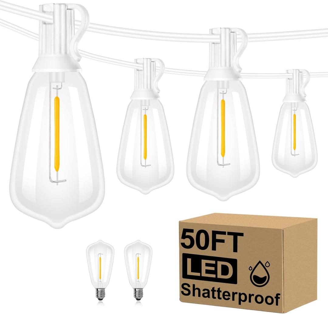 Brightever 50FT Outdoor String Lights Weatherproof, Patio Lights with 25+2 ST38 Edison Shatterproof Bulbs, Commercial Grade Warm White LED String Lights Decorative for Christmas, Wedding, Party, White (50FT-Warm White, White Wire)